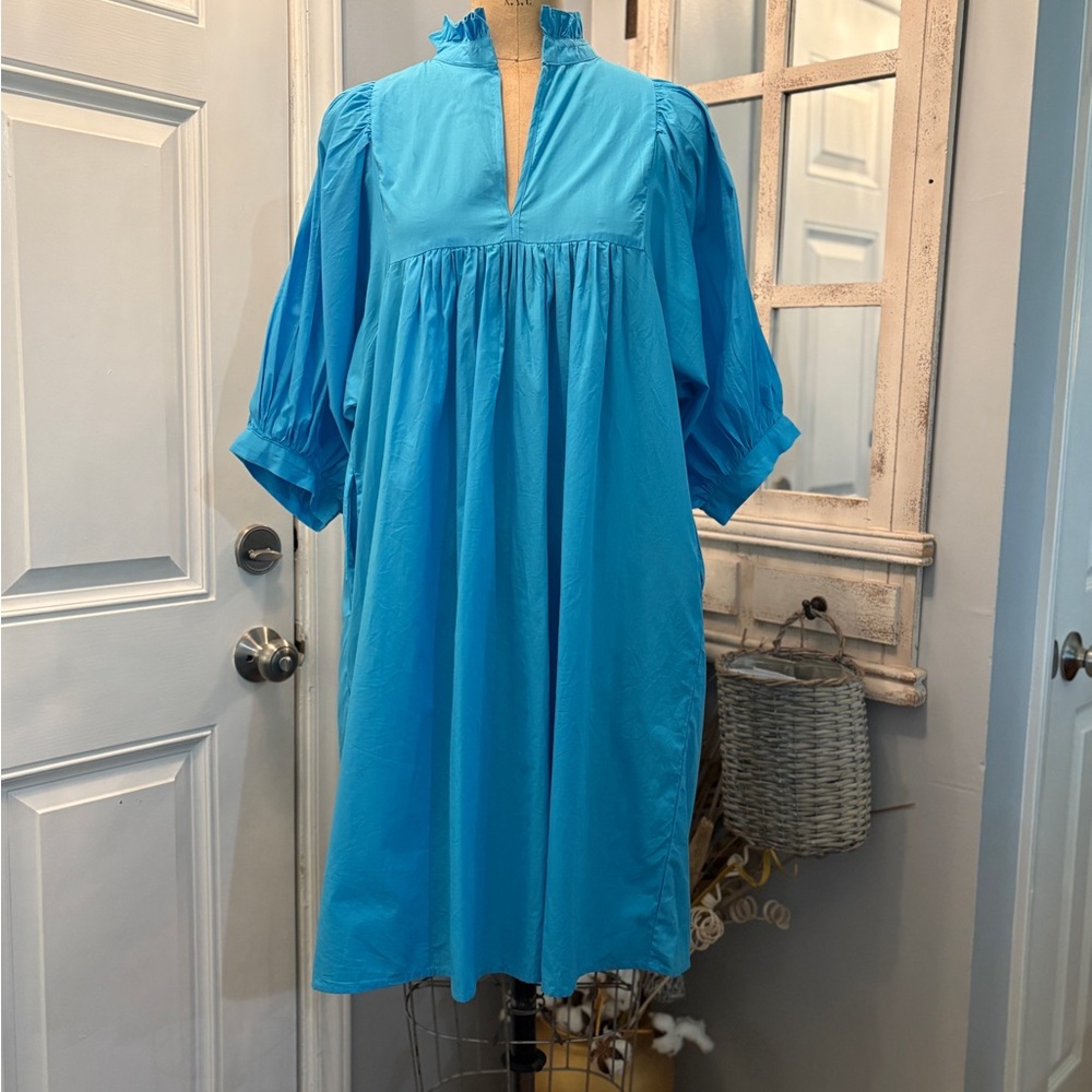 Never A Wallflower Vibrant Blue Balloon Sleeve Notched Neckline Dress Large Chic